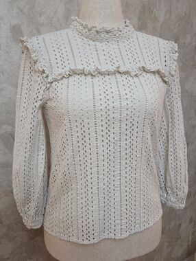 Madewell Eyelet Lace Blouse Cream 100% Cotton Ruffle Collar Boho Romantic Top Sm